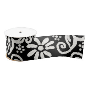 Black White Floral & Swirls Flowers Flower Pattern Satin Ribbon