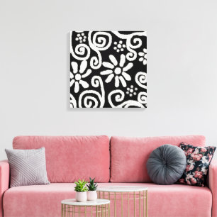 Black White Floral & Swirls Flowers Flower Swirl Canvas Print