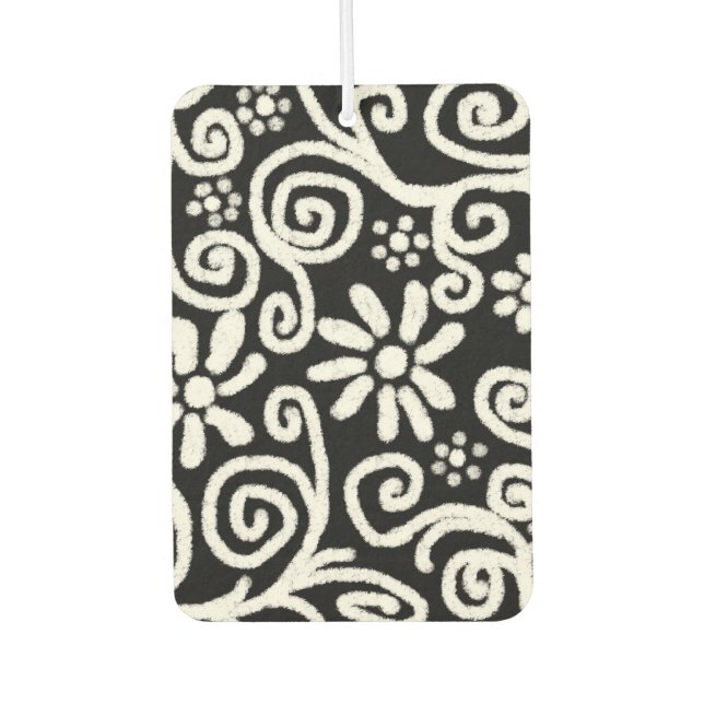 Black White Floral & Swirls Flowers Flower Swirl Car Air Freshener (Front)