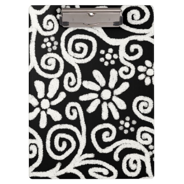 Black White Floral & Swirls Flowers Flower Swirl Clipboard (Front)