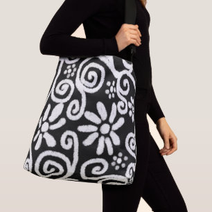 Black White Floral & Swirls Flowers Flower Swirl Crossbody Bag