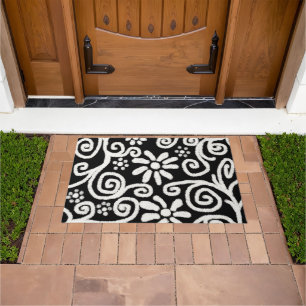 Black White Floral & Swirls Flowers Flower Swirl Doormat