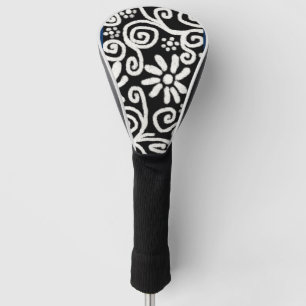 Black White Floral & Swirls Flowers Flower Swirl Golf Head Cover
