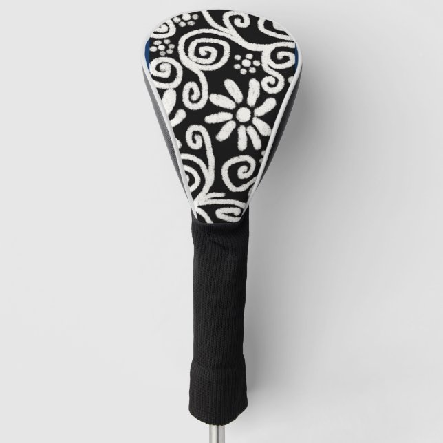 Black White Floral & Swirls Flowers Flower Swirl Golf Head Cover (Front)