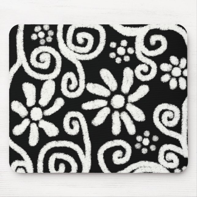 Black White Floral & Swirls Flowers Flower Swirl Mouse Pad (Front)