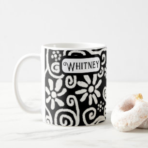 Black White Floral & Swirls Flowers Personalised Coffee Mug