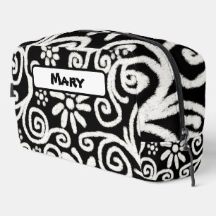 Black White Floral Swirls Pattern Personalised Dopp Kit
