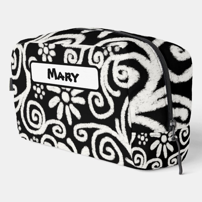 Black White Floral Swirls Pattern Personalised Dopp Kit (Right Corner)