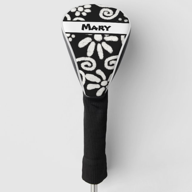 Black White Floral Swirls Pattern Personalised Golf Head Cover (Front)