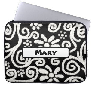 Black White Floral Swirls Pattern Personalised Laptop Sleeve