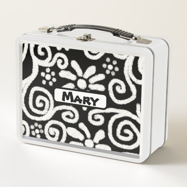 Black White Floral Swirls Pattern Personalised Metal Lunch Box (Front)