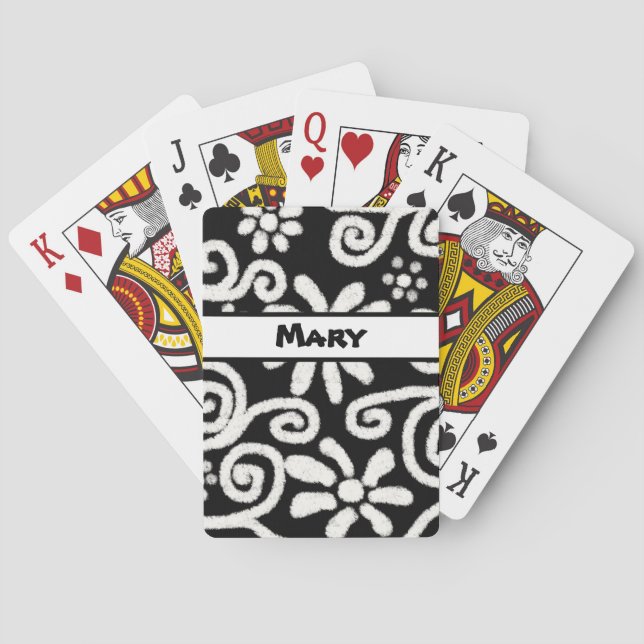 Black White Floral Swirls Pattern Personalised Playing Cards (Back)