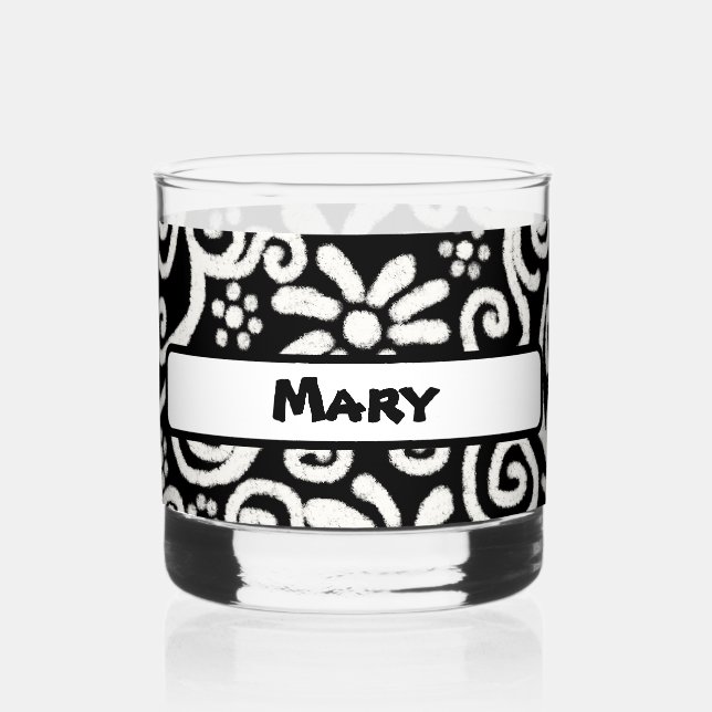Black White Floral Swirls Pattern Personalised Whiskey Glass (Front)