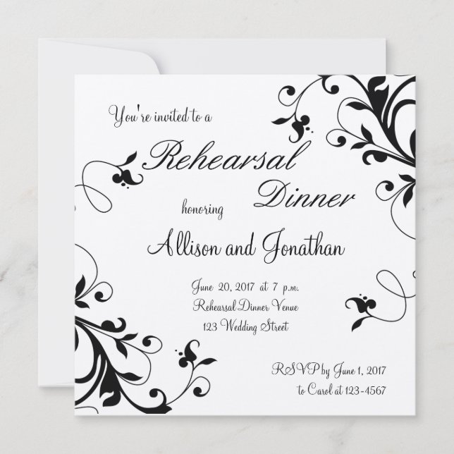 Black White Floral Swirls Rehearsal Dinner Invite (Front)