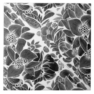 Black White floral Tile
