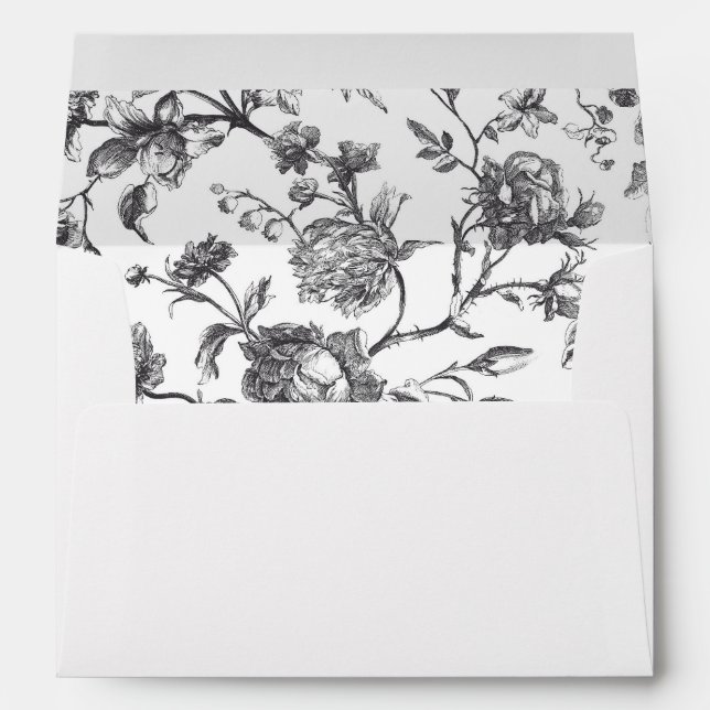 Black & White Floral Toile Elegant Wedding Envelope (Back (Bottom))
