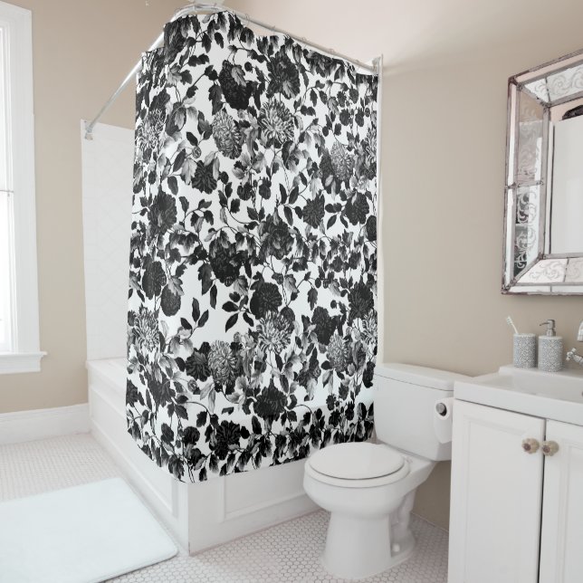Black White Floral Toile Garden Shower Curtain (In Situ)