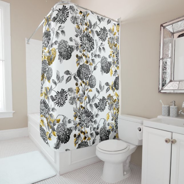 Black White Floral Toile Gold Floral Trim Shower Curtain (In Situ)