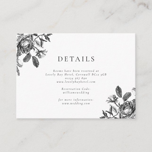 Black & White Floral Toile Wedding Enclosure Card (Front)