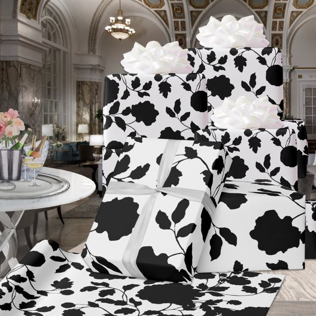 Black & White Floral Vine Elegant Wedding Party Wrapping Paper (Creator Uploaded)