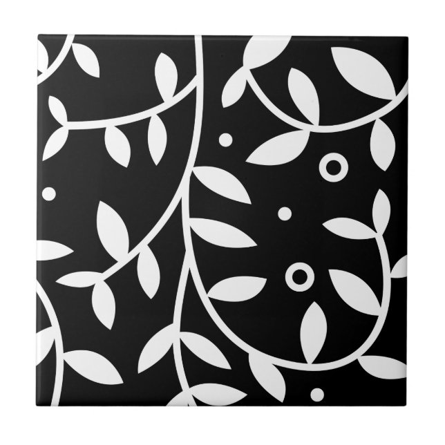 Black & White Floral Vines Contemporary Tile (Front)