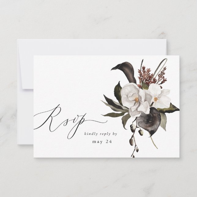 Black & White Floral w Meal RSVP 6 Card (Front)