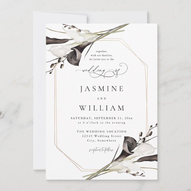 Black & White Floral Wedding 4 Invitation (Front)
