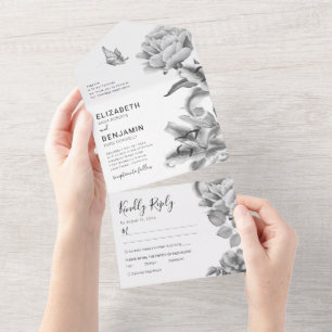 Black White Floral Wedding All In One Invitation