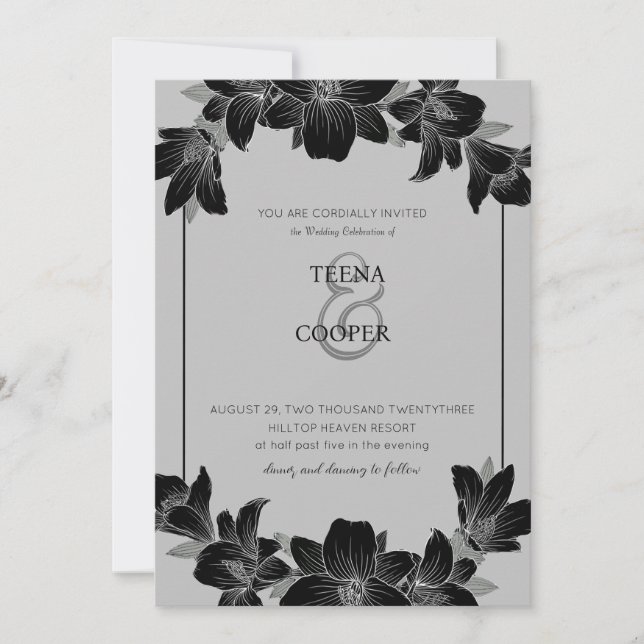 black & white floral wedding invitation (Front)
