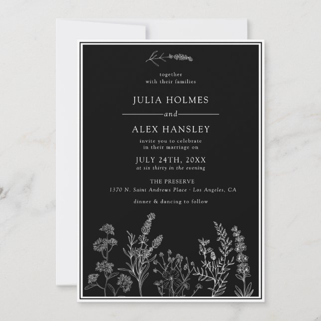 Black White Floral Wedding Invitation (Front)