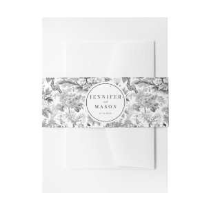 Black white floral wedding invitation belly band