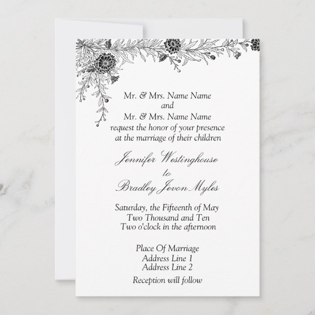 Black White Floral Wedding Invitation Invite (Front)