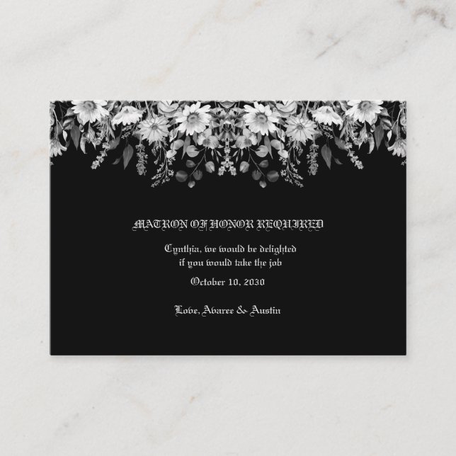 Black White Floral Wedding Matron of Honour Enclosure Card (Front)