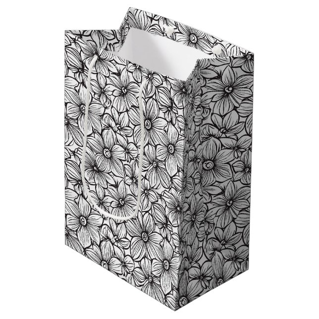 Black White Floral Wedding Medium Gift Bag (Front Angled)