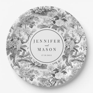 Black white floral wedding monogram paper plates
