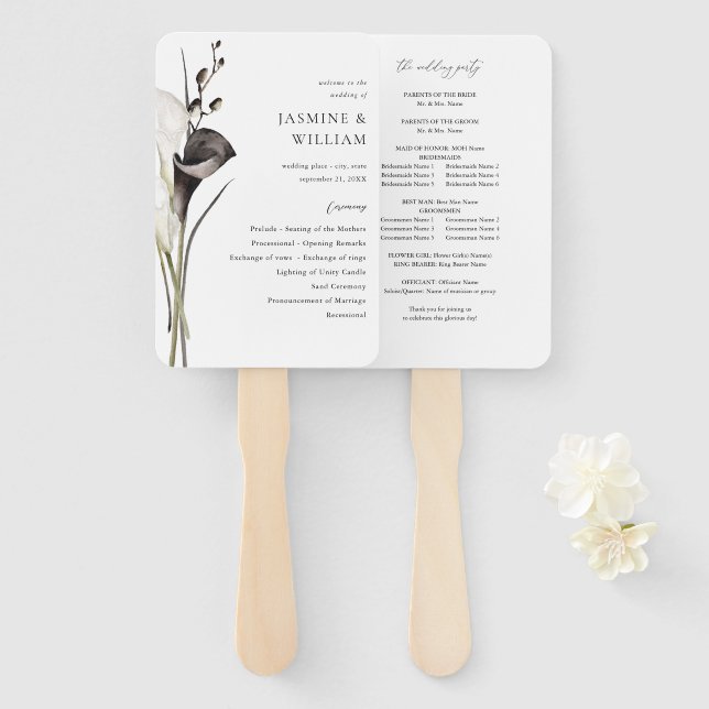 Black & White Floral Wedding Program Hand Fan (Front and Back)