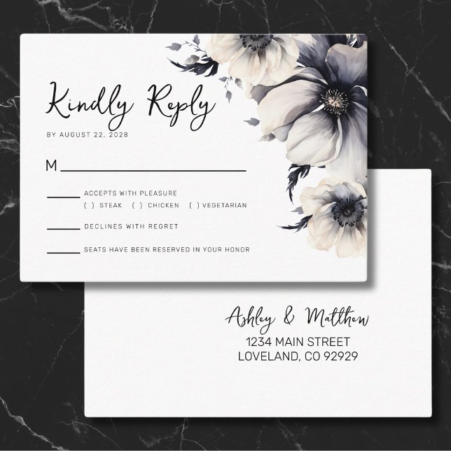 Black White Floral Wedding Reply Enclosure Card (Cute Elegant Floral Reply RSVP Black White Wedding Enclosure Card)