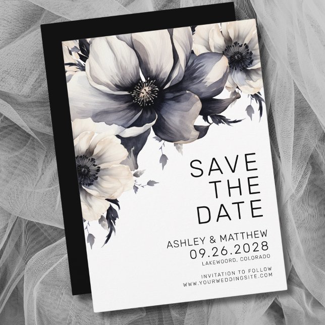 Black White Floral Wedding Save The Date (Modern Boho Black White Floral Wedding Save The Date)
