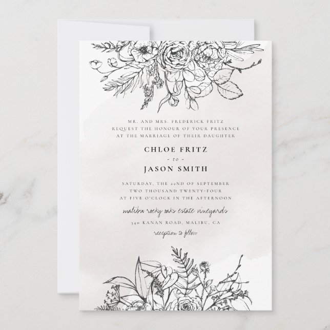 Black White Floral Winter Mountain Simple Wedding  Invitation (Front)