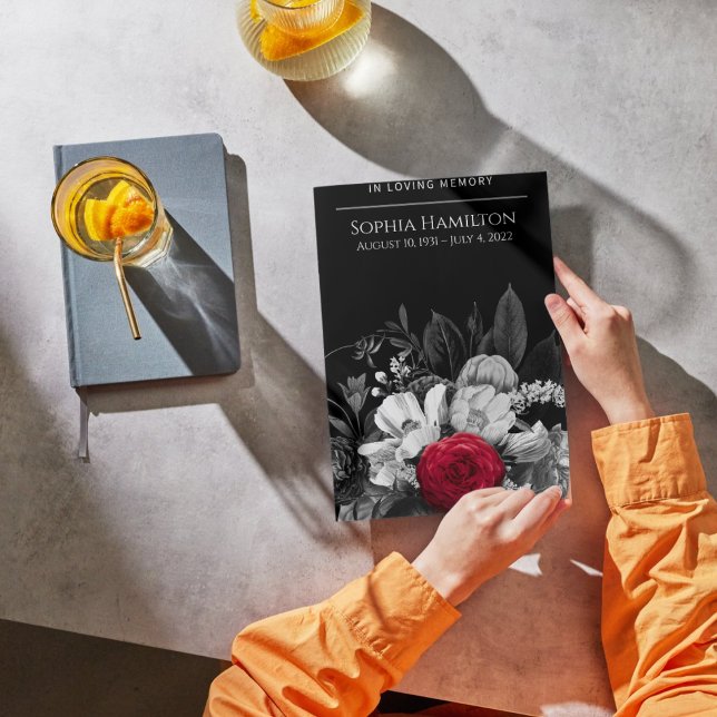 Black & White Floral with Pop of Red Funeral Programme (Creator Uploaded)