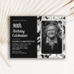 Black White Floral Women's Photo 90th Birthday Invitation Postcard<br><div class="desc">Beautiful black and white line art floral women's 90th birthday party invitation postcard personalised with her photo.  Text is fully customisable,  so this card can be designed for any age.  Contact me for assistance with customisation or to request matching products.</div>
