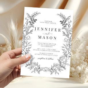 Black white floral wreath boho wedding invitation