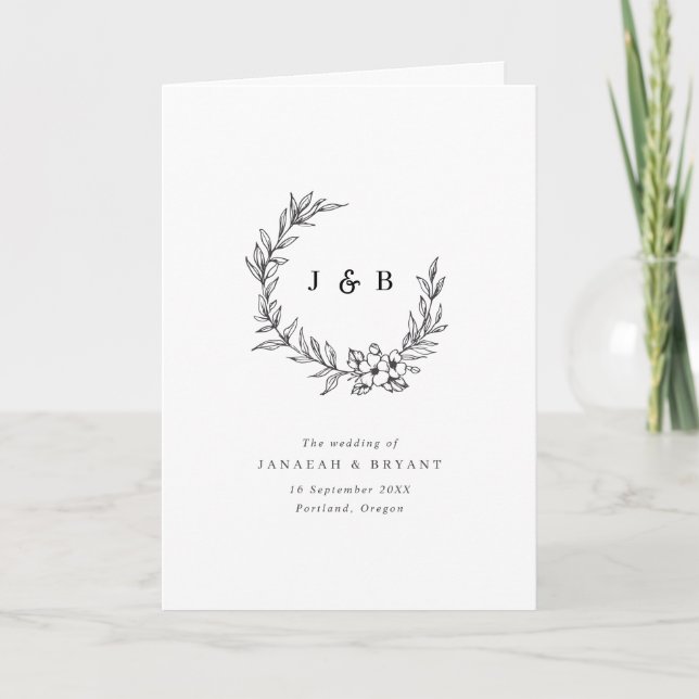 Black & White Floral Wreath Monogram Wedding  Programme (Front)
