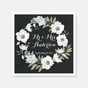 Black White Floral Wreath Wedding Napkin