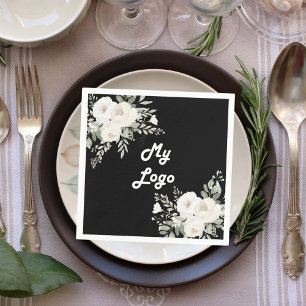 Black white florals business logo napkin