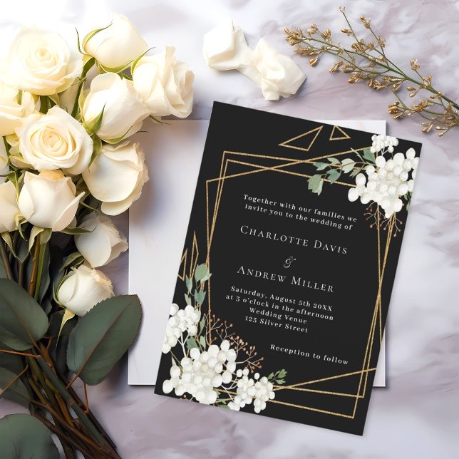 Black white florals gold geometric wedding invitation (Creator Uploaded)