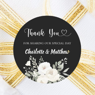 Black white florals heart thank you wedding classic round sticker