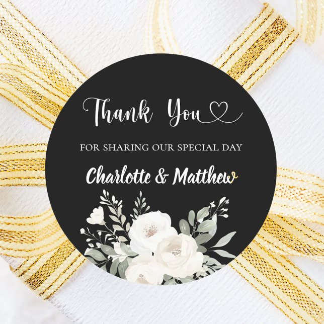 Black white florals heart thank you wedding classic round sticker (Creator Uploaded)