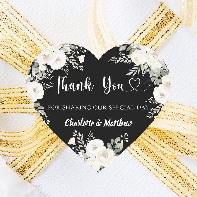 Black white florals thank you wedding heart sticker (Creator Uploaded)