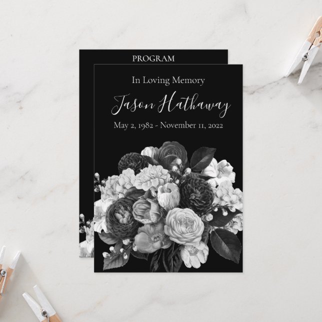 Black & White Flower Funeral Program (no photo) Invitation (Front/Back In Situ)